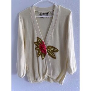 Field and Flower Cardigan Womens XL Yellow Floral Embroidery Teacher Grandma Art